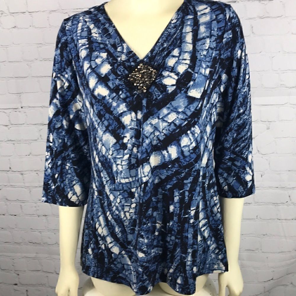 Susan Graver Blue White Top Jewels EUC Size Small